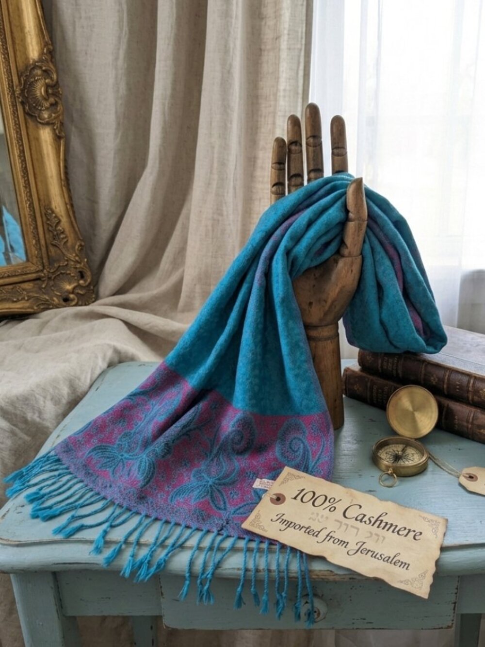 100% Cashmere Teal Magenta Paisley Fringed Scarf Shawl  From Jerusalem